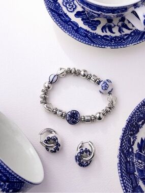 Blue and White Porcelain Bead Bracelet and Hoop Earrings Set